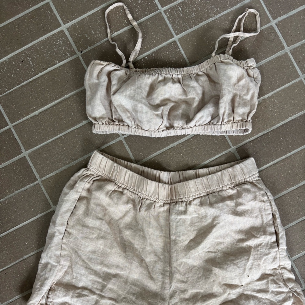 Laude the Label Linen Crop Top and Shorts Set in dusty pink